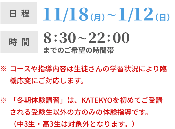 日程：11/11〜1/12 時間：8:30〜22:00の間