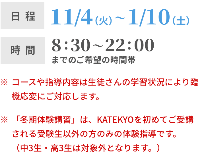 日程：11/11〜1/12 時間：8:30〜22:00の間